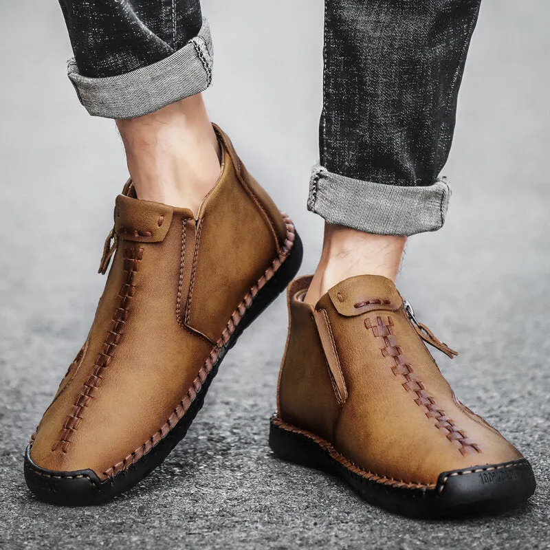 Herren Vintage Hand Nähen Mikrofaser Leder Seite Reißverschluss Stiefeletten