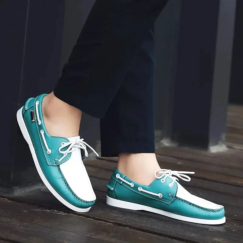 Hnzxzm 2024 Spring Korean Edition Men Fashion Loafers Comfy Leather Casual Drive Boat Footwear Men's Round Toe Lace-up Flats Lazy Shoes