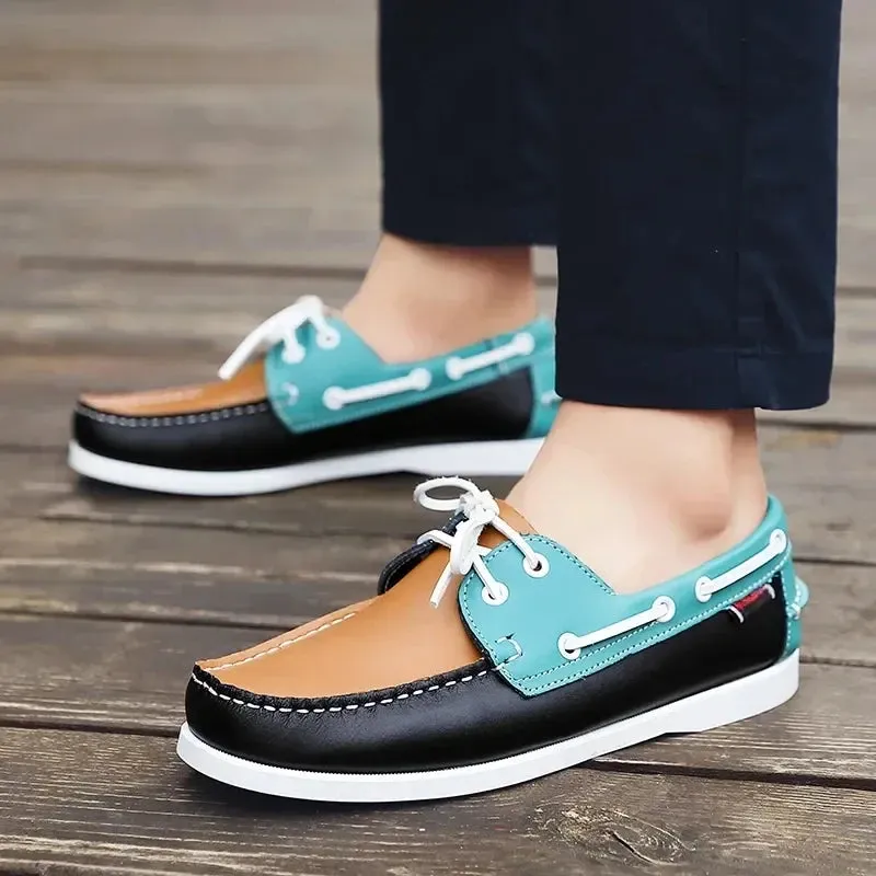 Hnzxzm 2024 Spring Korean Edition Men Fashion Loafers Comfy Leather Casual Drive Boat Footwear Men's Round Toe Lace-up Flats Lazy Shoes