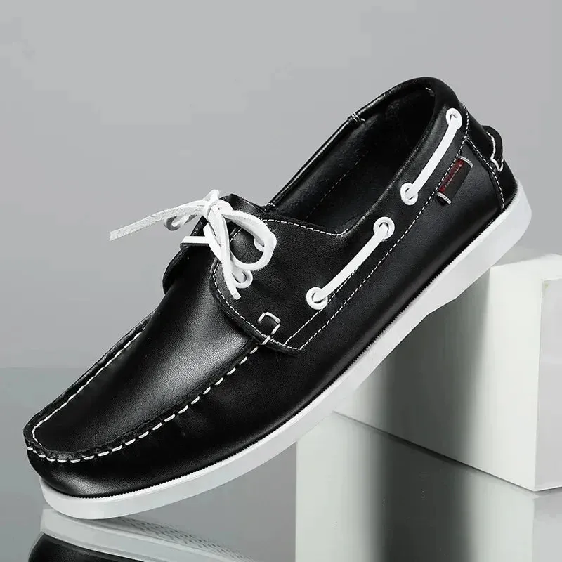 Hnzxzm 2024 Spring Korean Edition Men Fashion Loafers Comfy Leather Casual Drive Boat Footwear Men's Round Toe Lace-up Flats Lazy Shoes