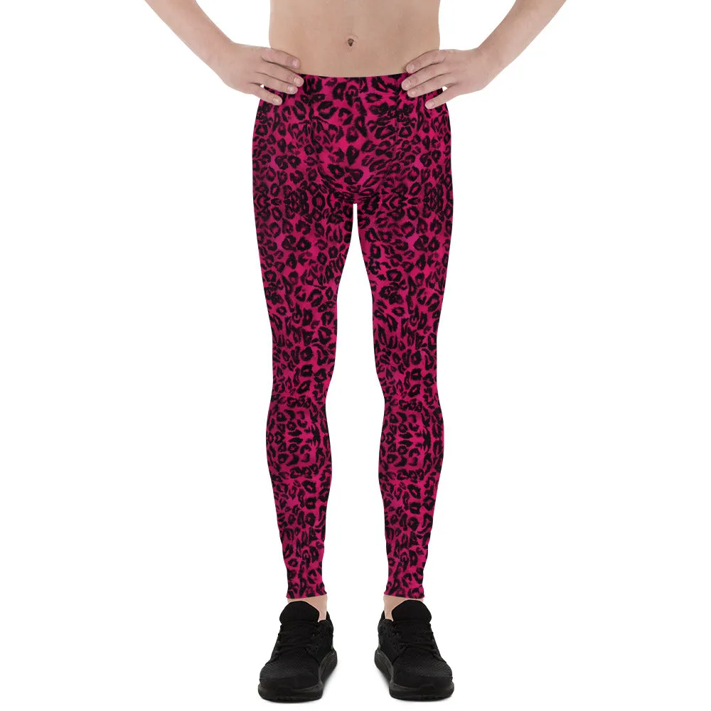 Hot Pink Leopard Meggings, Animal Print Run Tights Men's Leggings-Made in USA/EU