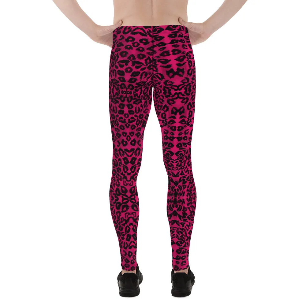 Hot Pink Leopard Meggings, Animal Print Run Tights Men's Leggings-Made in USA/EU