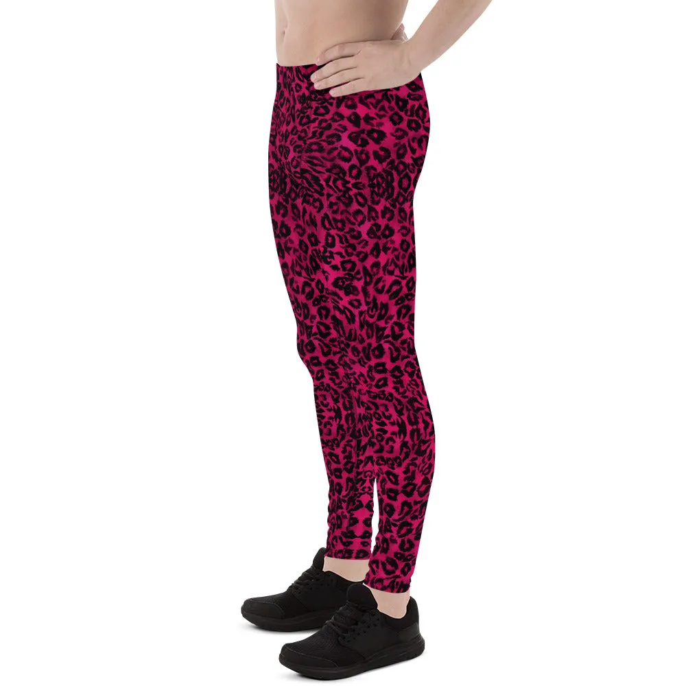 Hot Pink Leopard Meggings, Animal Print Run Tights Men's Leggings-Made in USA/EU