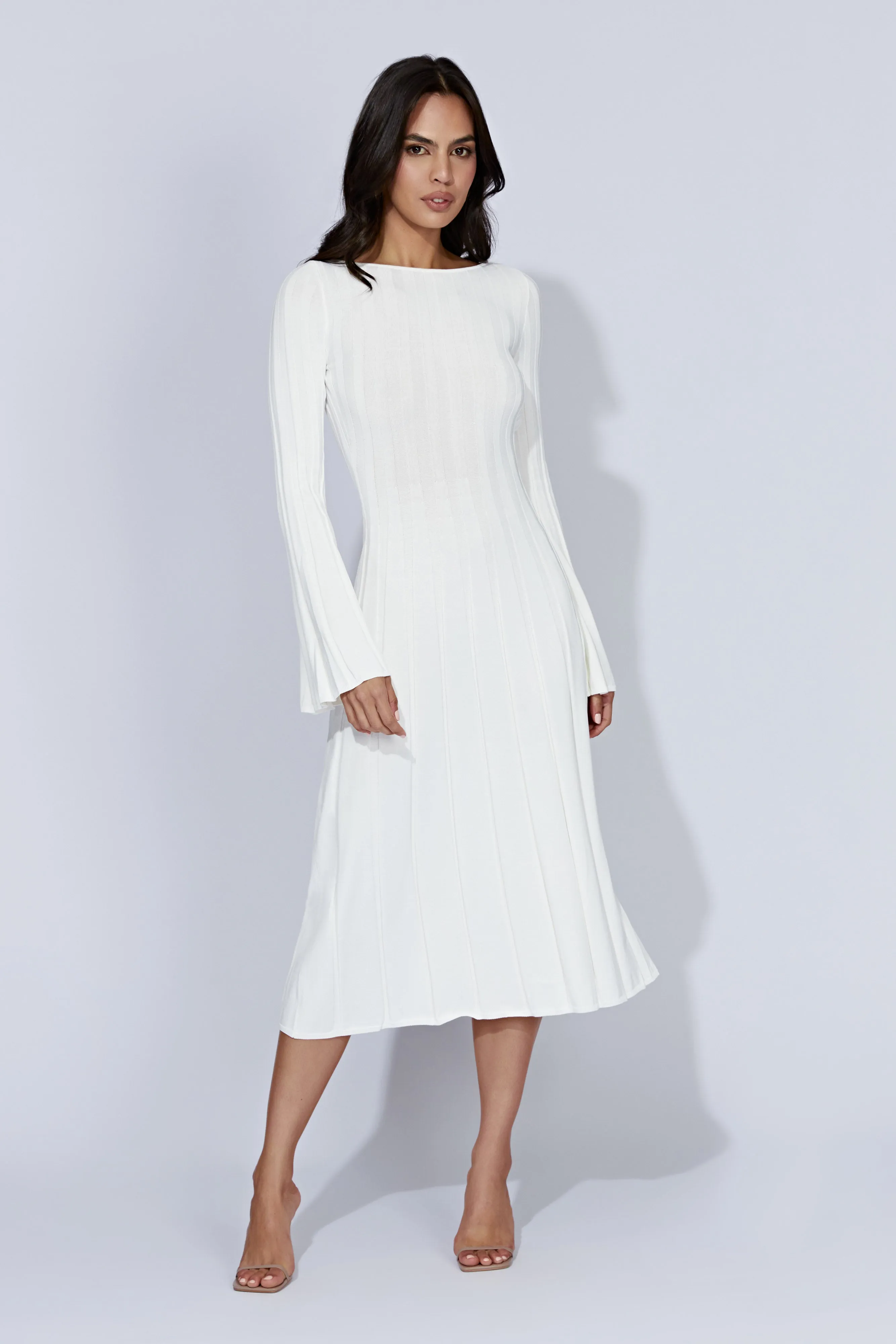 Juniper Flare Sleeve Knit Midi Dress - White