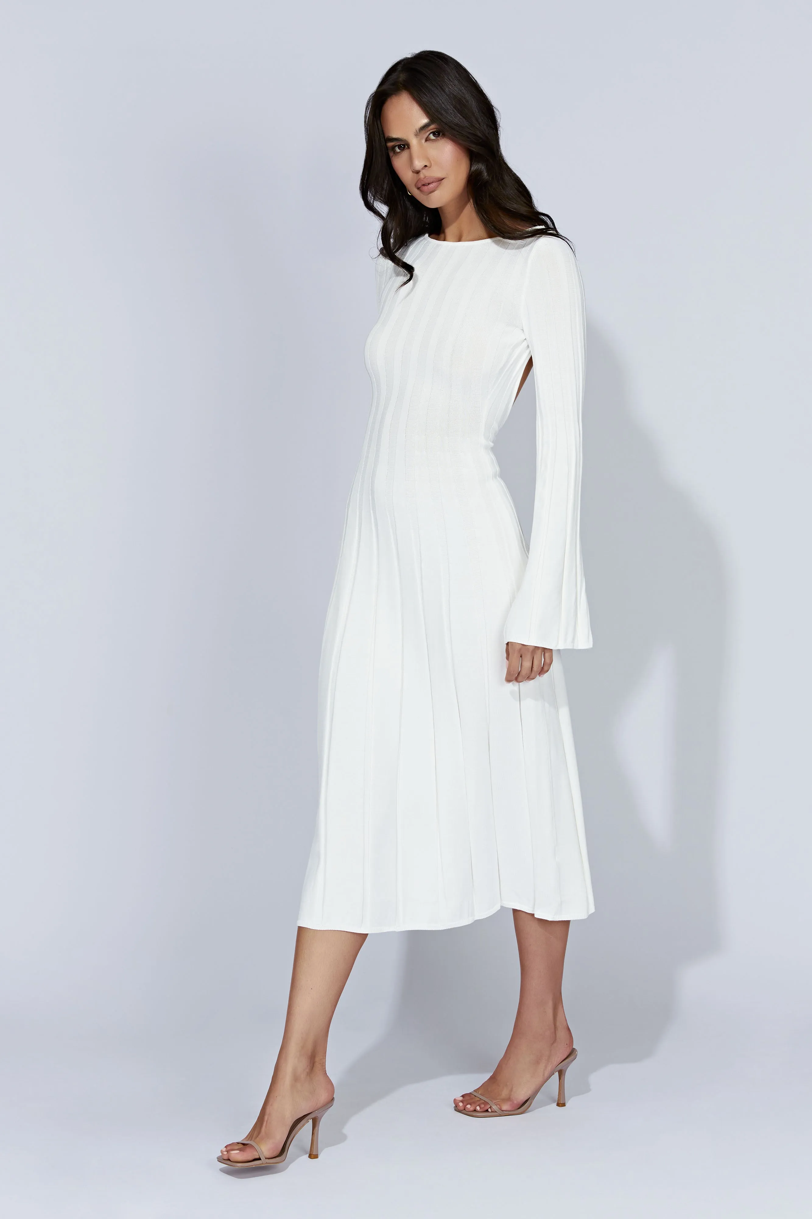 Juniper Flare Sleeve Knit Midi Dress - White