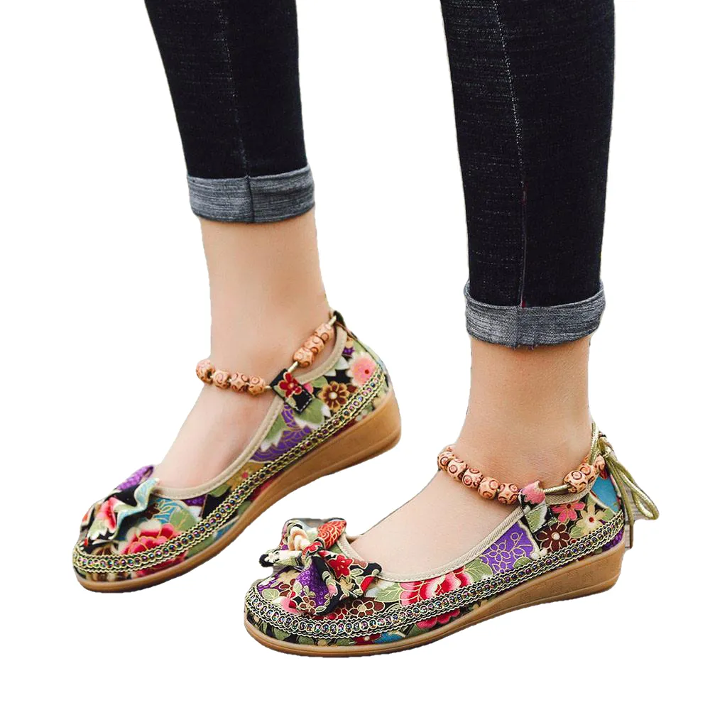 Knot Women Embroidered Ballet Ankle Flat Spring Summer Vintage Ladies Comfort Slip On Ballerinas Shoes