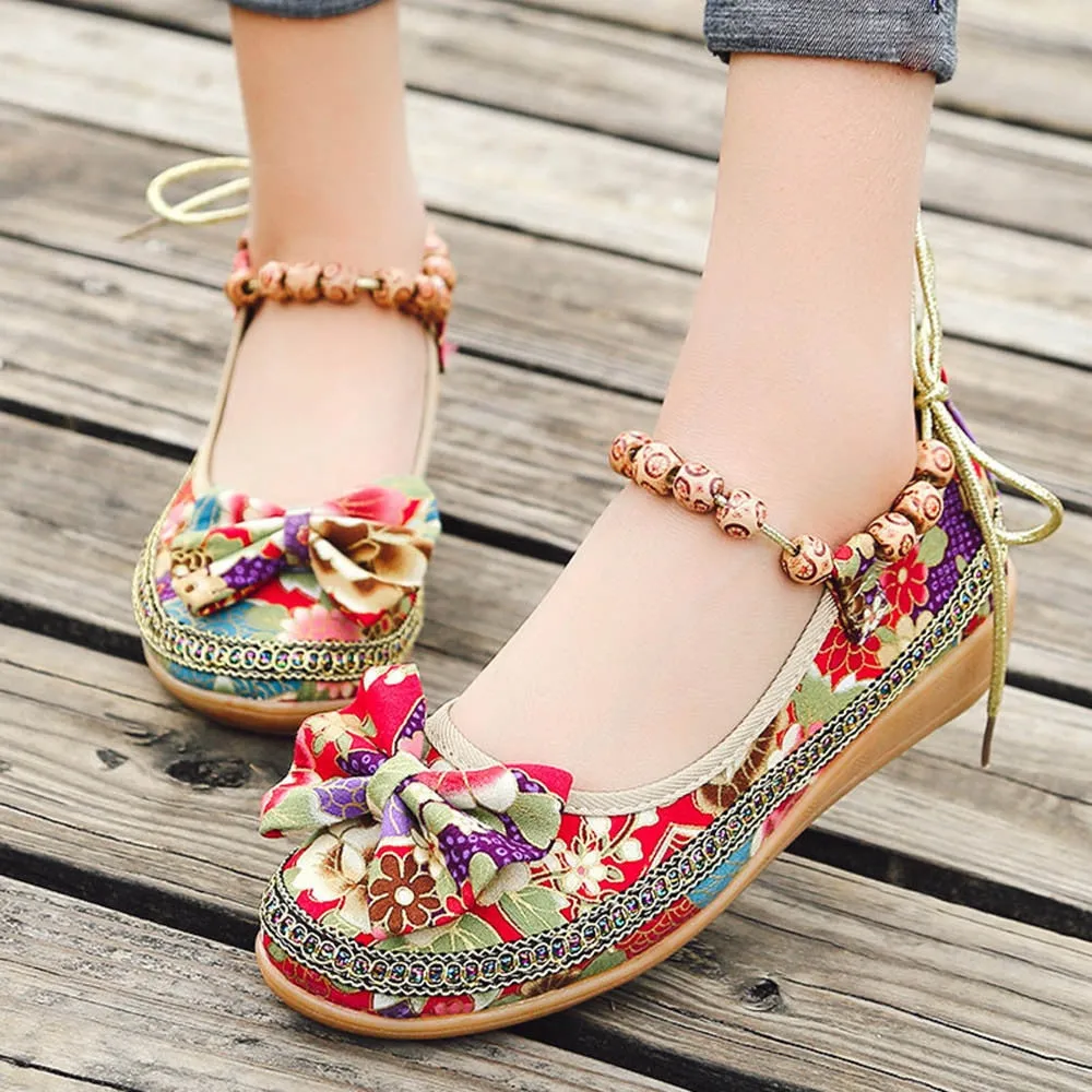 Knot Women Embroidered Ballet Ankle Flat Spring Summer Vintage Ladies Comfort Slip On Ballerinas Shoes