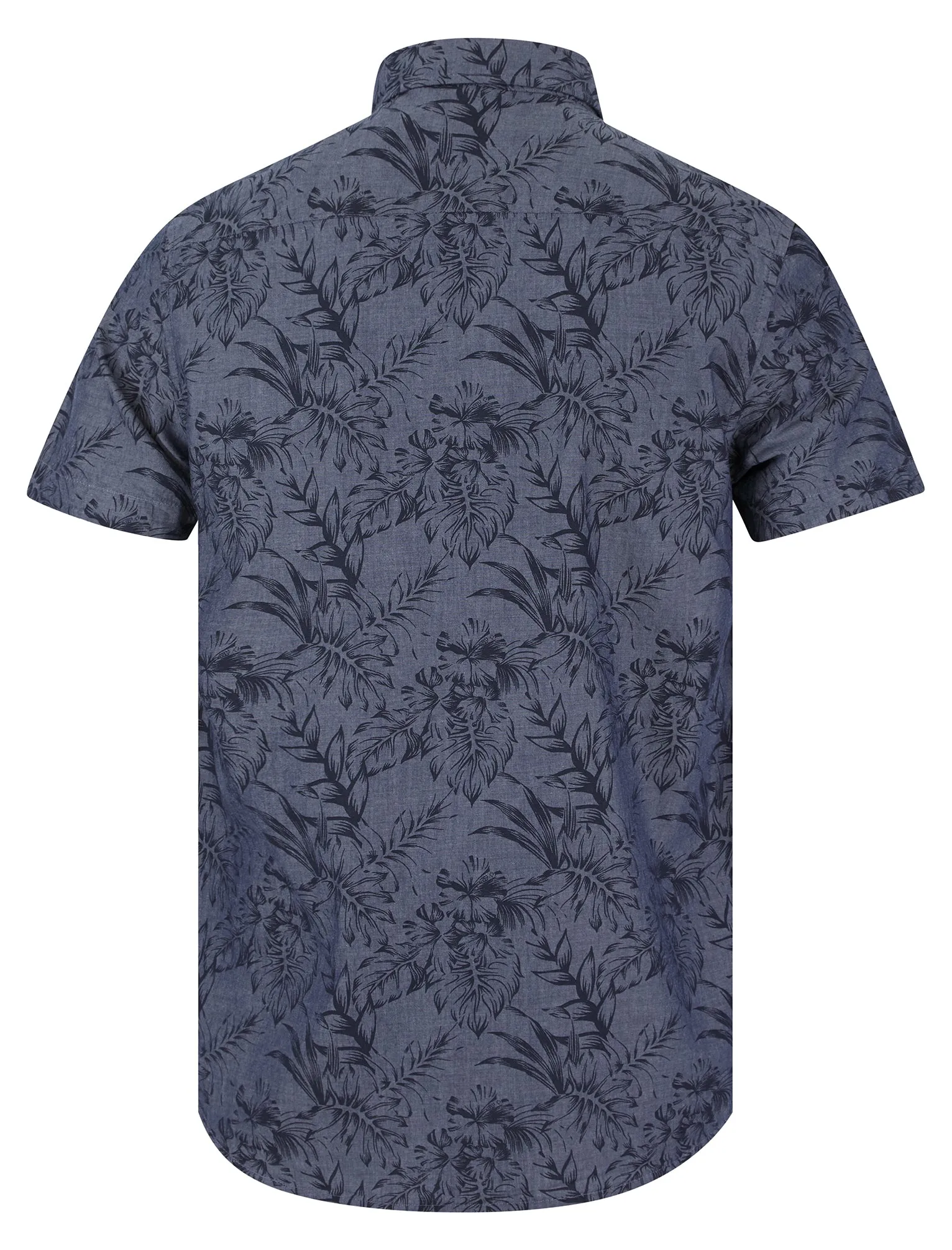 Lantana Palm Leaf Print Short Sleeve Cotton Chambray Hawaiian Style Shirt in Mid Blue - Tokyo Laundry