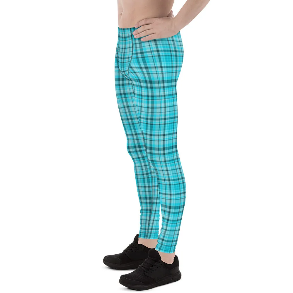 Light Blue Plaid Meggings, Blue Tartan Plaid Print Men's Running Leggings Run Tights Meggings- Made in USA