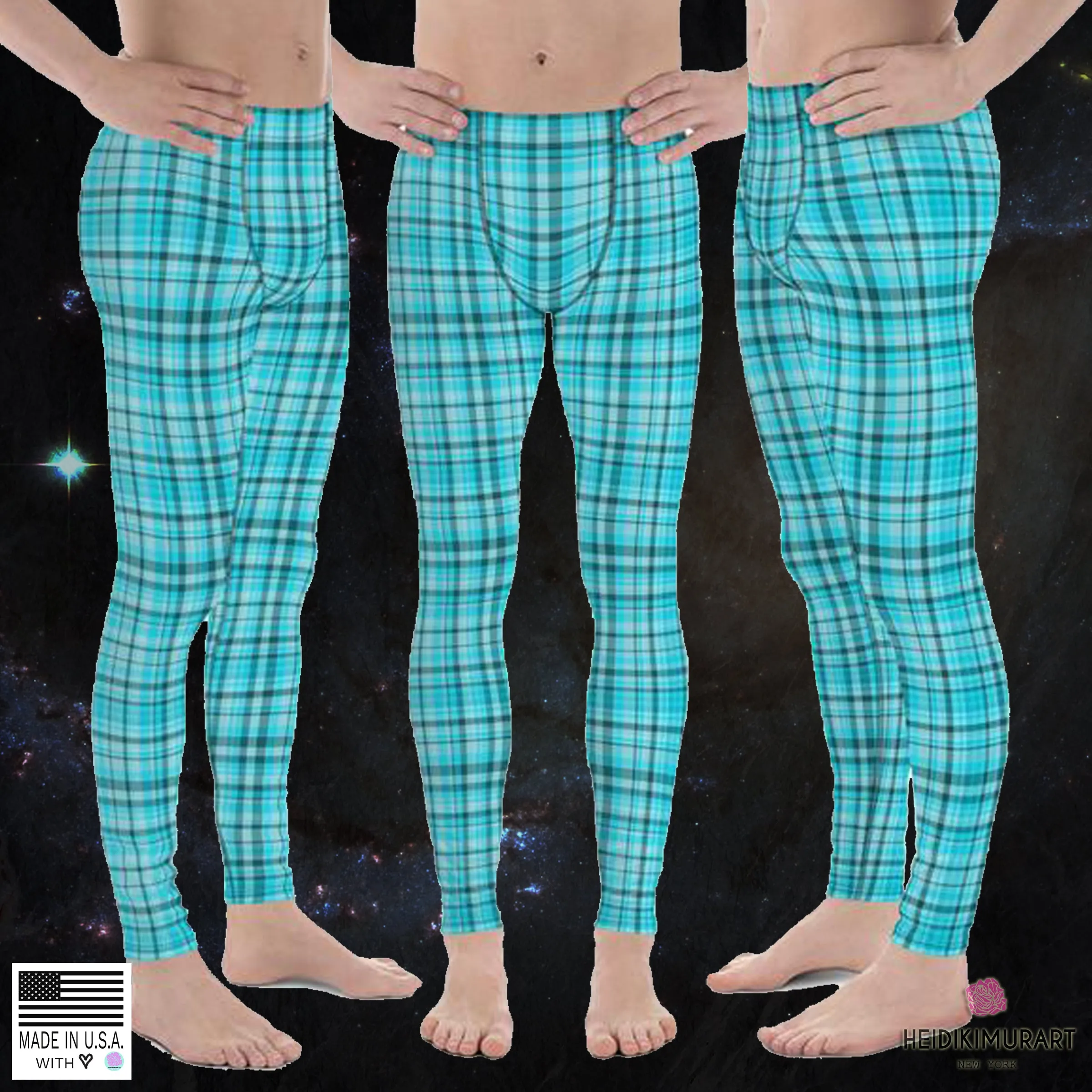 Light Blue Plaid Meggings, Blue Tartan Plaid Print Men's Running Leggings Run Tights Meggings- Made in USA