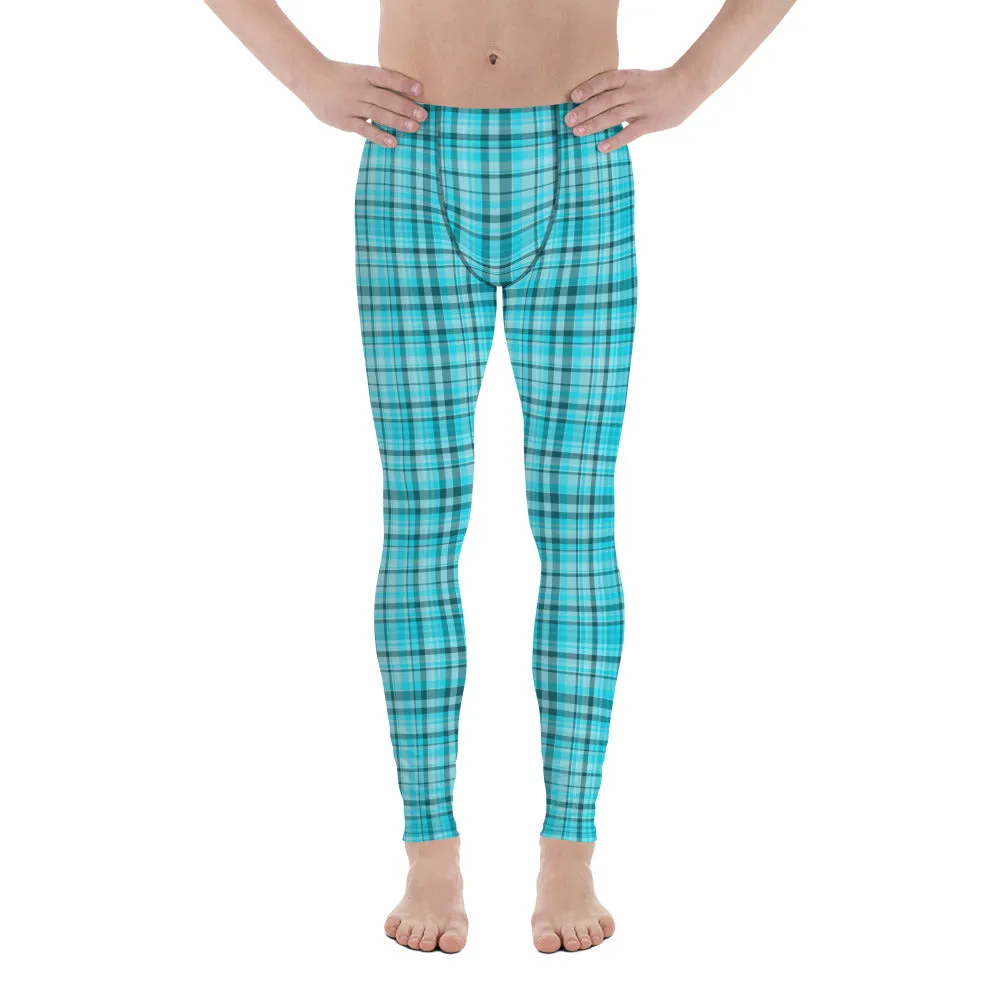 Light Blue Plaid Meggings, Blue Tartan Plaid Print Men's Running Leggings Run Tights Meggings- Made in USA