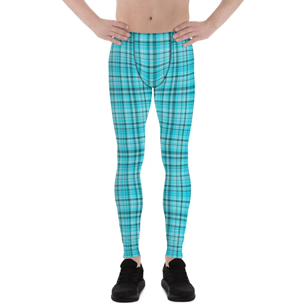 Light Blue Plaid Meggings, Blue Tartan Plaid Print Men's Running Leggings Run Tights Meggings- Made in USA