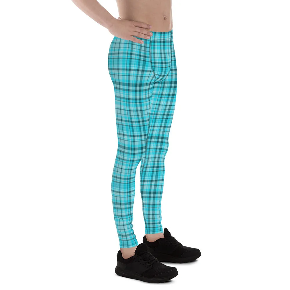 Light Blue Plaid Meggings, Blue Tartan Plaid Print Men's Running Leggings Run Tights Meggings- Made in USA