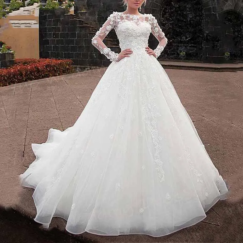 Long Sleeve Off Shoulder Bridal Ball Gowns Tulle Corset Wedding Dress