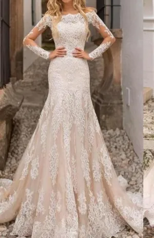 Long Sleeves Detachable Train  Mermaid Lace Wedding Dresses