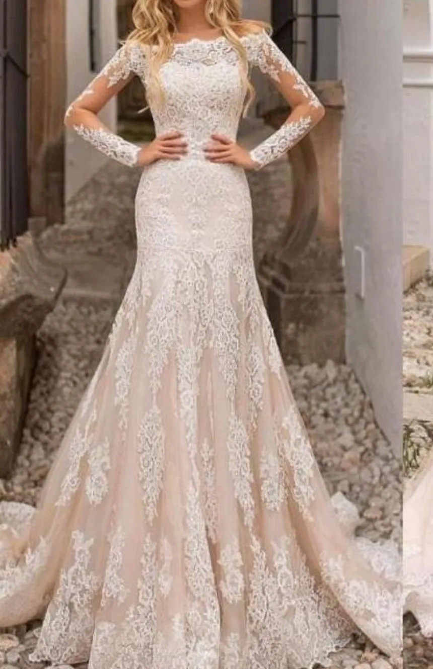 Long Sleeves Detachable Train  Mermaid Lace Wedding Dresses