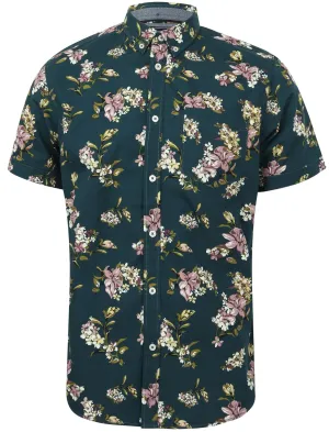 Lynwood Floral Print Short Sleeve Shirt In Teal Pond - Tokyo Laundry