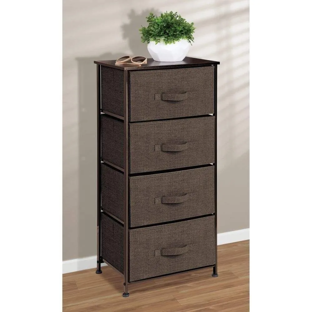 mDesign Vertical Dresser Storage Tower - Sturdy Steel Frame, Wood Top, Easy Pull Fabric Bins - Organizer Unit for Bedroom, Hallway, Entryway, Closets - Textured Print - 4 Drawers - Espresso Brown