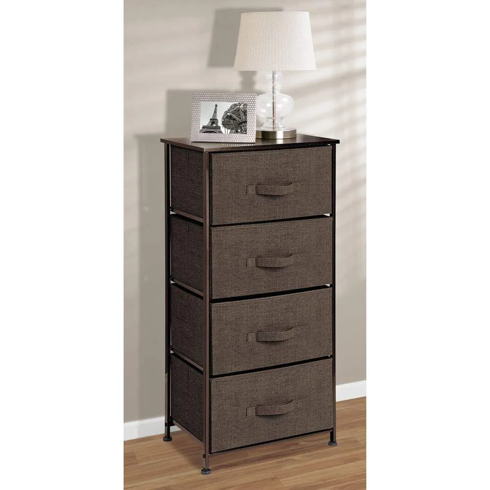 mDesign Vertical Dresser Storage Tower - Sturdy Steel Frame, Wood Top, Easy Pull Fabric Bins - Organizer Unit for Bedroom, Hallway, Entryway, Closets - Textured Print - 4 Drawers - Espresso Brown