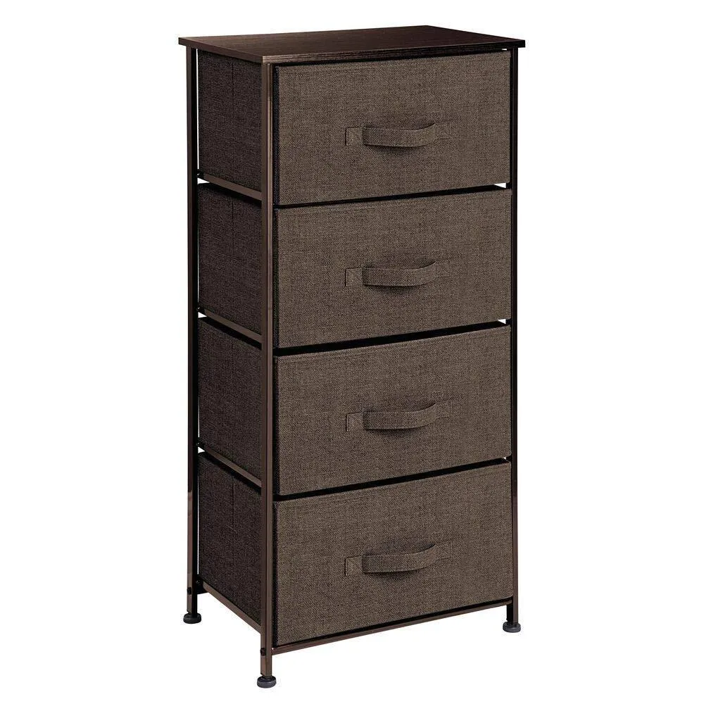 mDesign Vertical Dresser Storage Tower - Sturdy Steel Frame, Wood Top, Easy Pull Fabric Bins - Organizer Unit for Bedroom, Hallway, Entryway, Closets - Textured Print - 4 Drawers - Espresso Brown