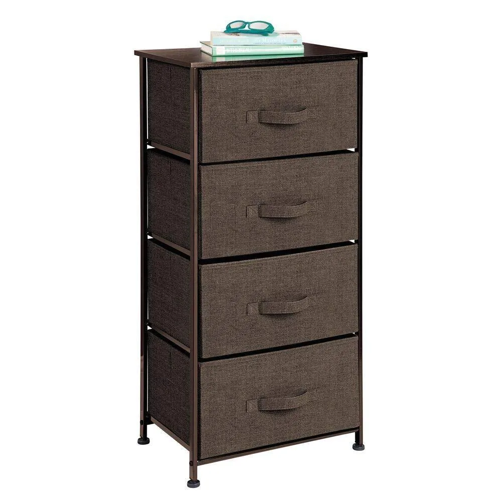 mDesign Vertical Dresser Storage Tower - Sturdy Steel Frame, Wood Top, Easy Pull Fabric Bins - Organizer Unit for Bedroom, Hallway, Entryway, Closets - Textured Print - 4 Drawers - Espresso Brown