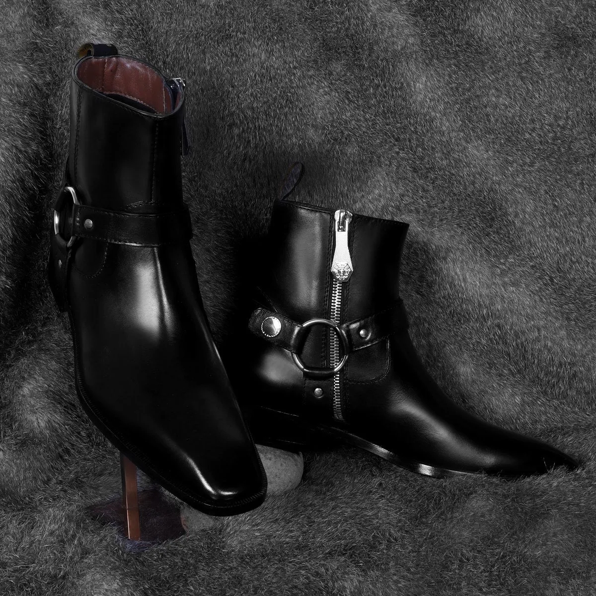 Men's Black Hand Made Chelsea High Ankle Boots with Stylish Silver Buckle one and only by Brune & Bareskin