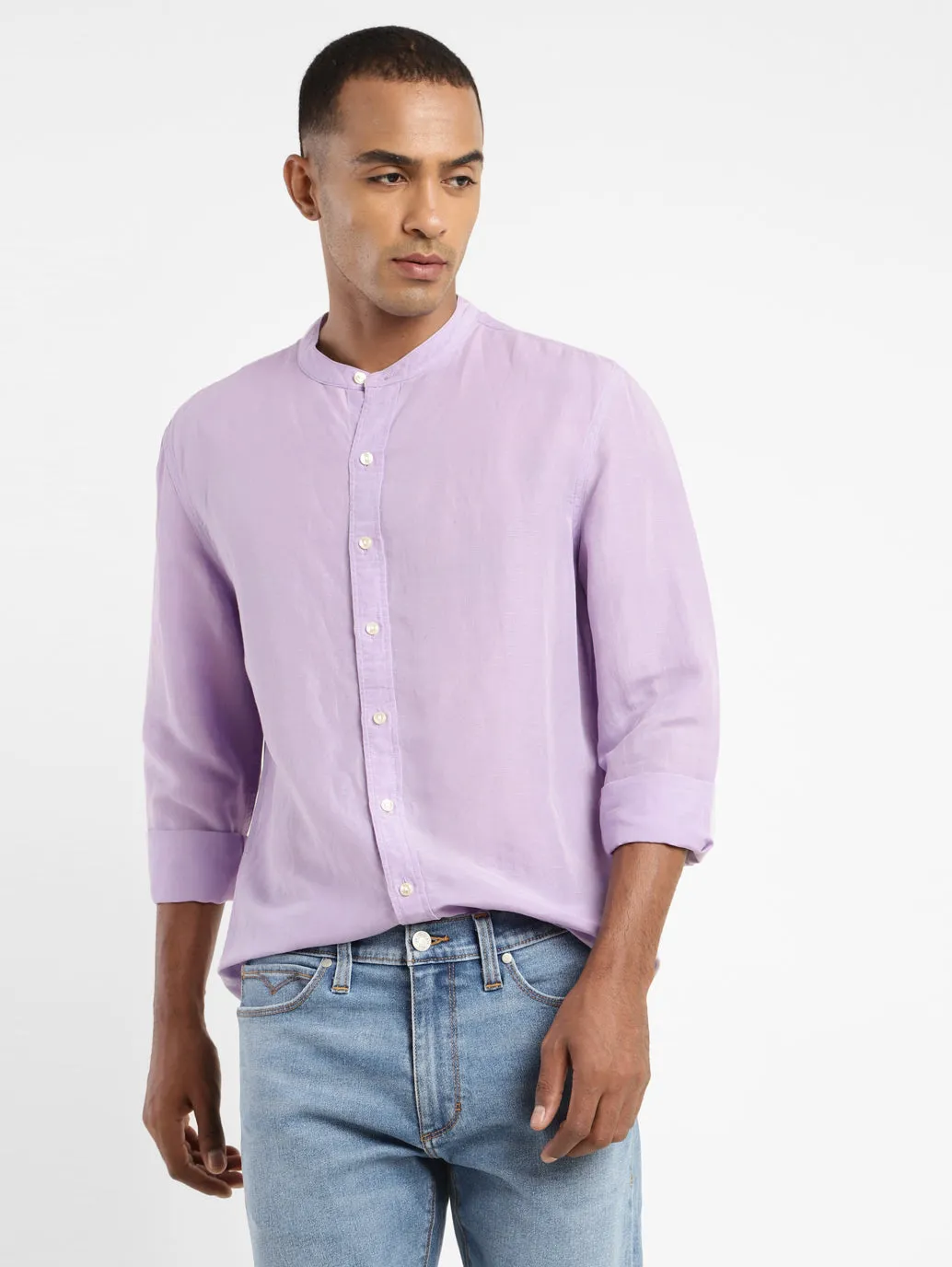 Men's Solid Band Neck Linen Shirt