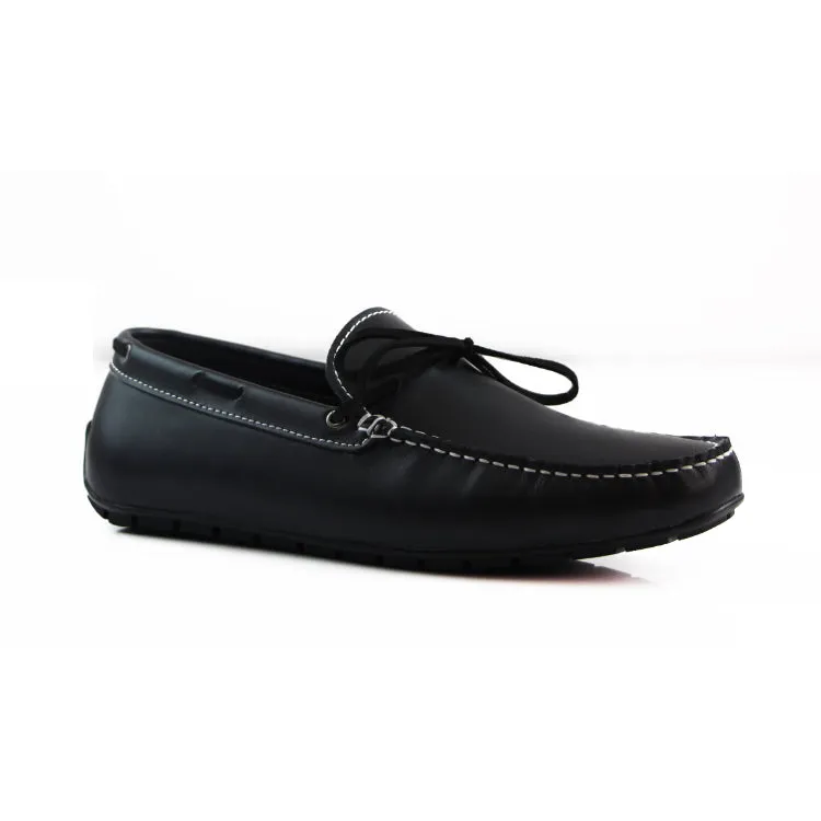 Mens Zasel Anchor Slip On Black Leather Boat Shoes