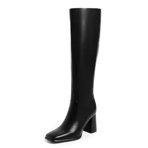 Modatope Botas negras para mujer, botas hasta la rodilla con tacón grueso, botas altas de tacón alto para mujer, botas de otoño con punta cuadrada, botas largas con cremallera lateral, talla 8