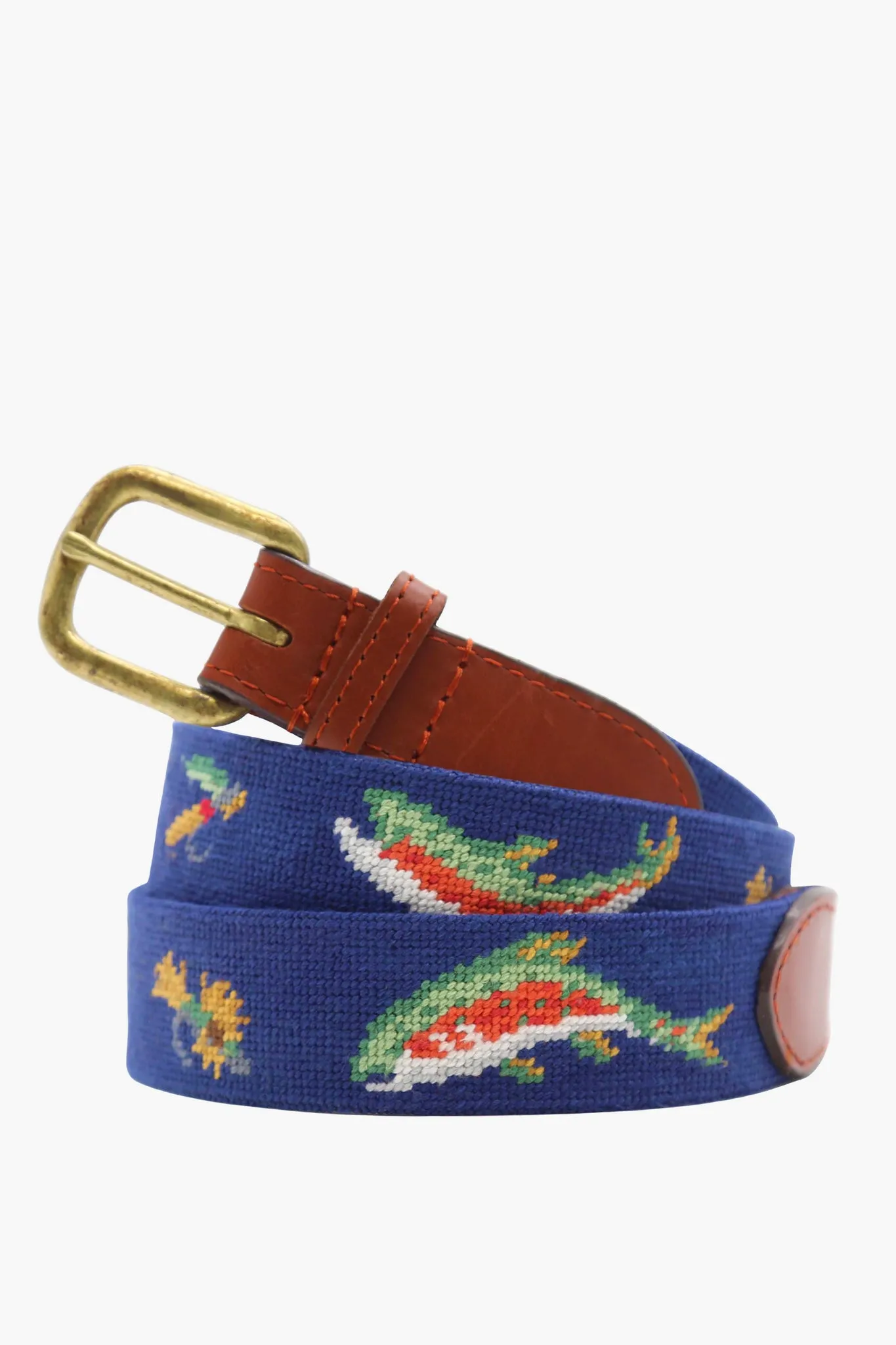 Navy Rainbow Trout and Fly Needlepoint Belt