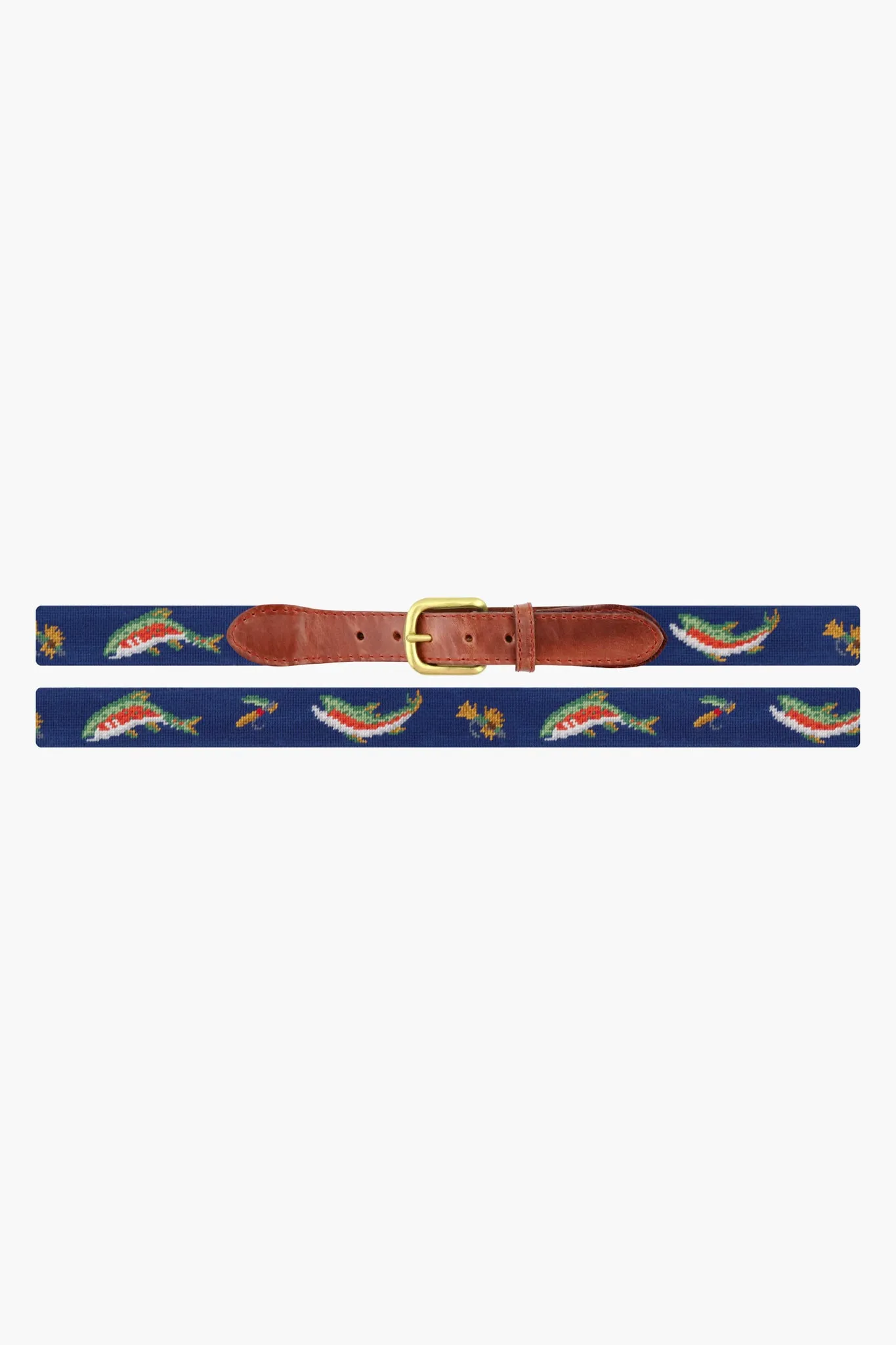 Navy Rainbow Trout and Fly Needlepoint Belt