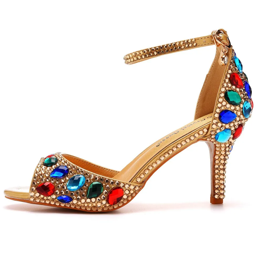 Peep Toe Colorful Rhinestone Decor Ankle-Strap High Heels