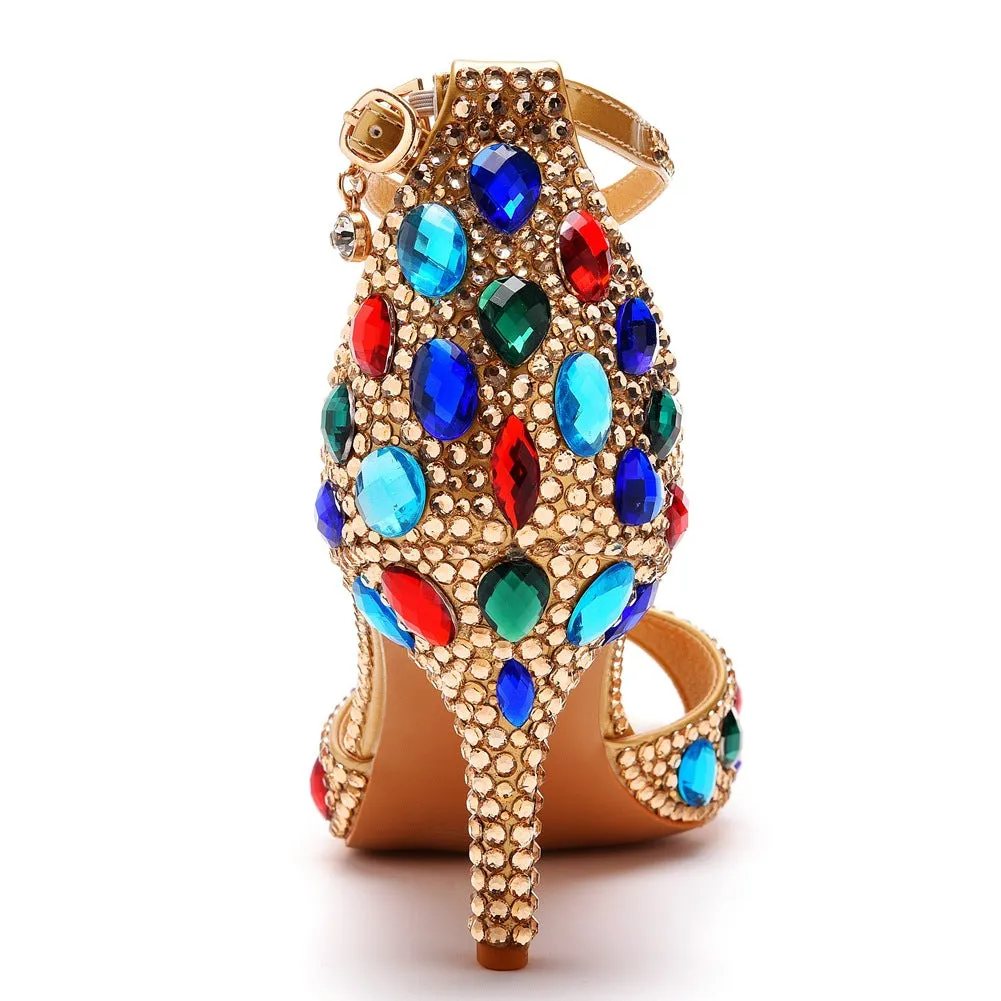 Peep Toe Colorful Rhinestone Decor Ankle-Strap High Heels