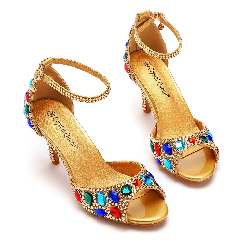 Peep Toe Colorful Rhinestone Decor Ankle-Strap High Heels