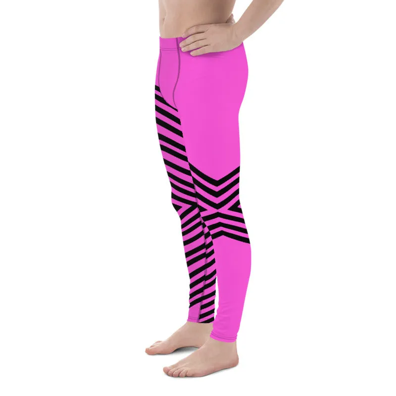 Pink Black Stripped Men's Leggings, Sexy Long Meggings Compression Tights-Made in USA/EU