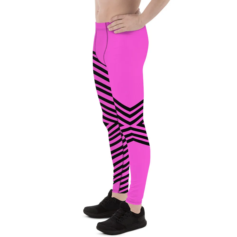 Pink Black Stripped Men's Leggings, Sexy Long Meggings Compression Tights-Made in USA/EU