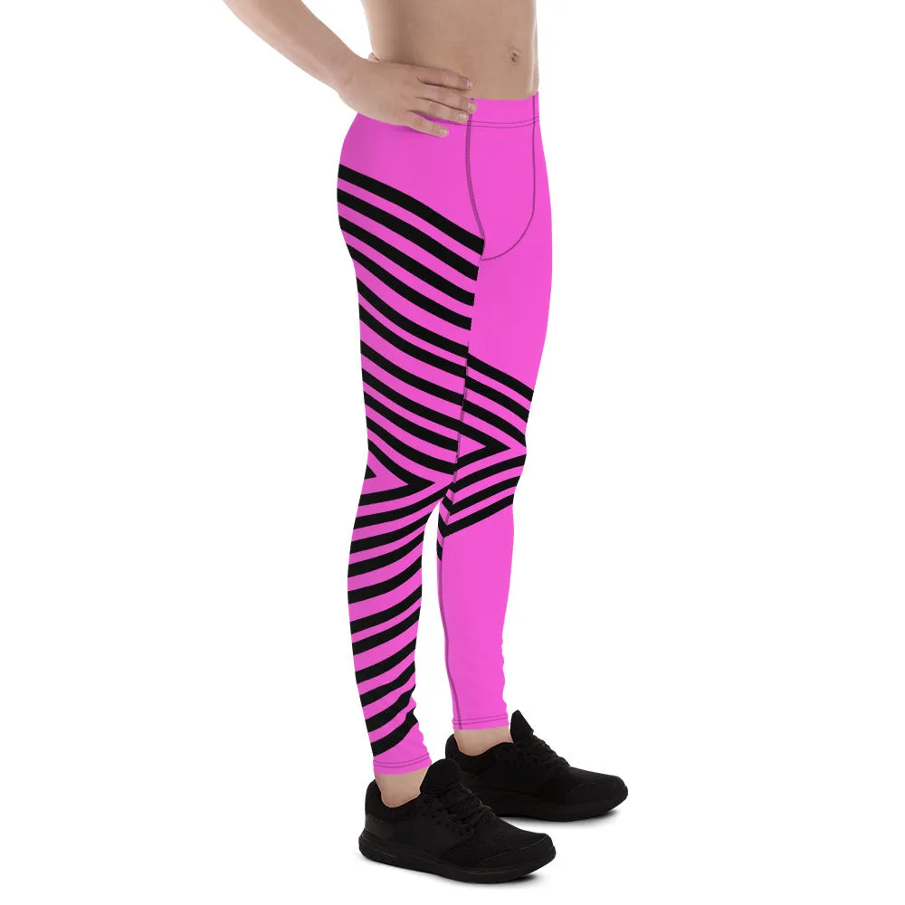 Pink Black Stripped Men's Leggings, Sexy Long Meggings Compression Tights-Made in USA/EU