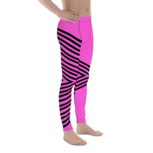 Pink Black Stripped Men's Leggings, Sexy Long Meggings Compression Tights-Made in USA/EU