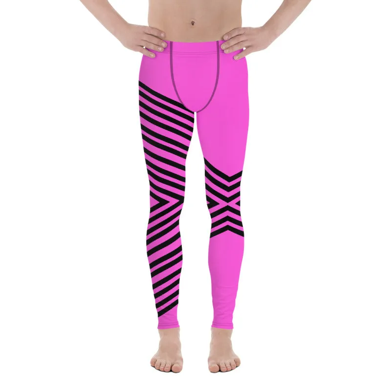 Pink Black Stripped Men's Leggings, Sexy Long Meggings Compression Tights-Made in USA/EU