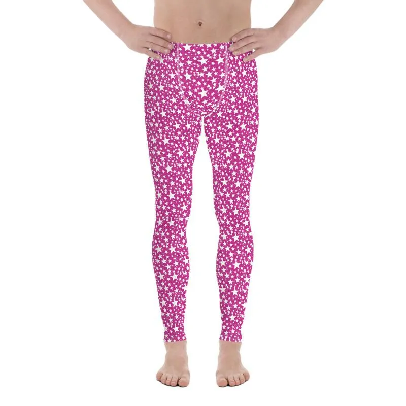 Pink White Star Pattern Print Premium Men's Leggings Compression Tights- Made in USA/EU