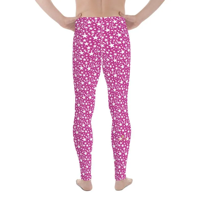 Pink White Star Pattern Print Premium Men's Leggings Compression Tights- Made in USA/EU