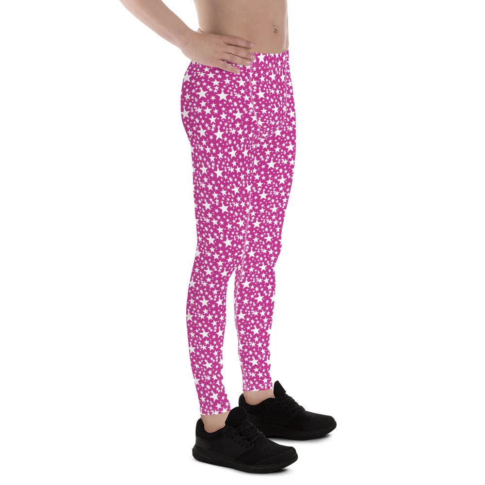 Pink White Star Pattern Print Premium Men's Leggings Compression Tights- Made in USA/EU