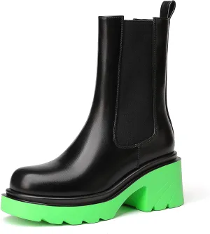 Platform Black/Green Calf Chunky Block Heel Chelsea Boots