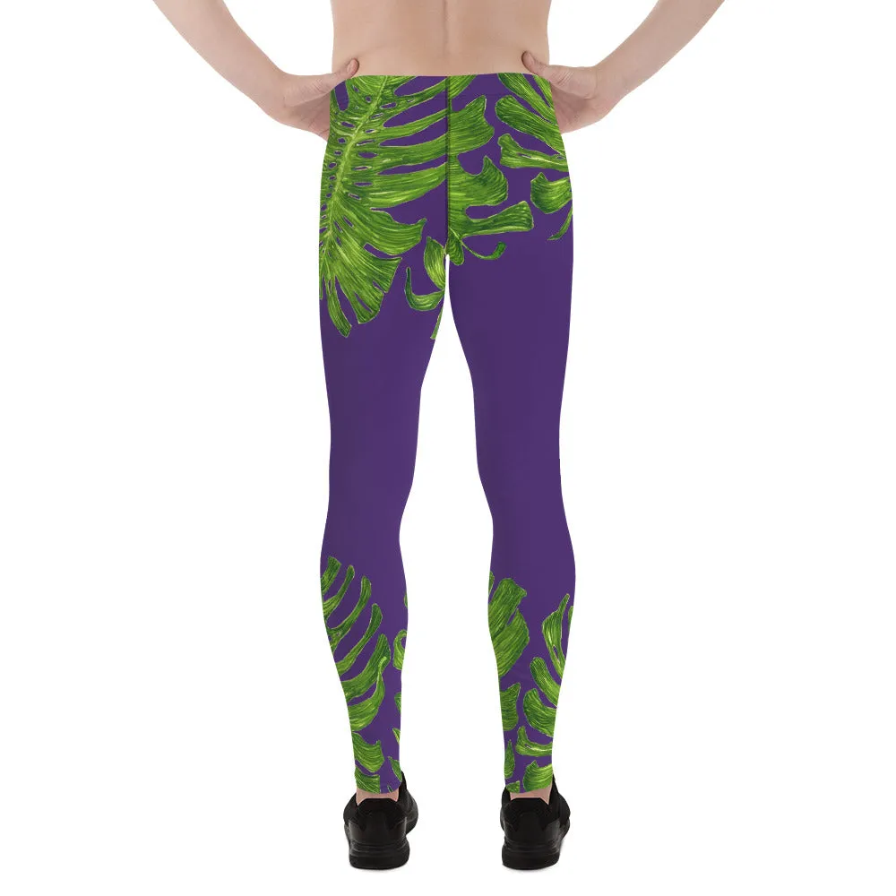 Purple Green Tropical Leaf Print Men's Leggings Tight Pants -Made in USA(US Size: XS-3XL)