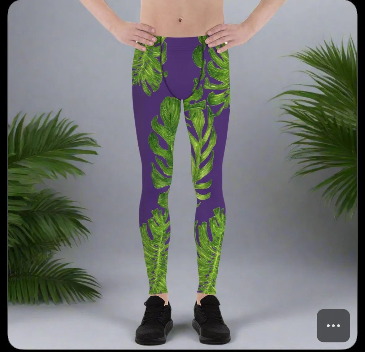 Purple Green Tropical Leaf Print Men's Leggings Tight Pants -Made in USA(US Size: XS-3XL)