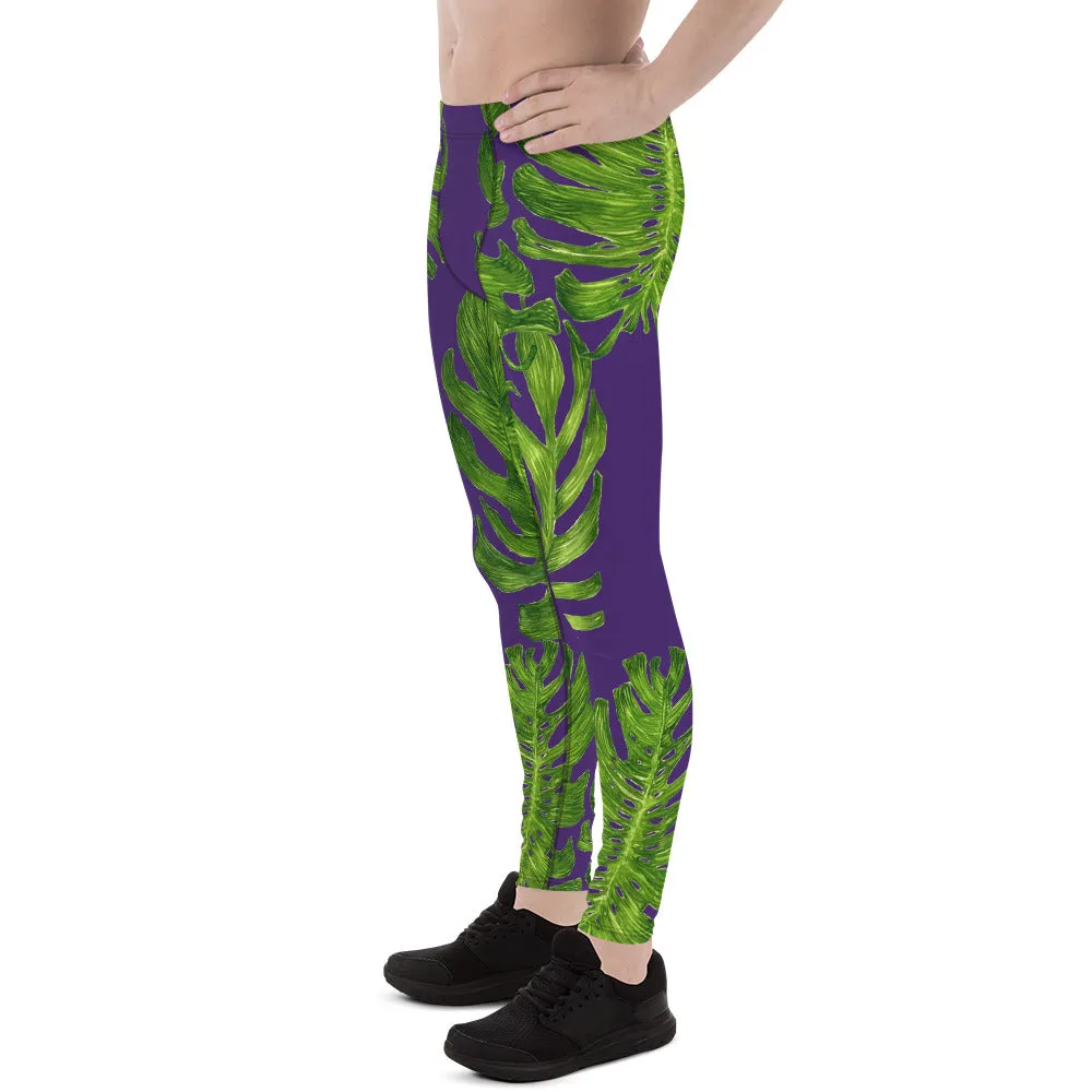 Purple Green Tropical Leaf Print Men's Leggings Tight Pants -Made in USA(US Size: XS-3XL)