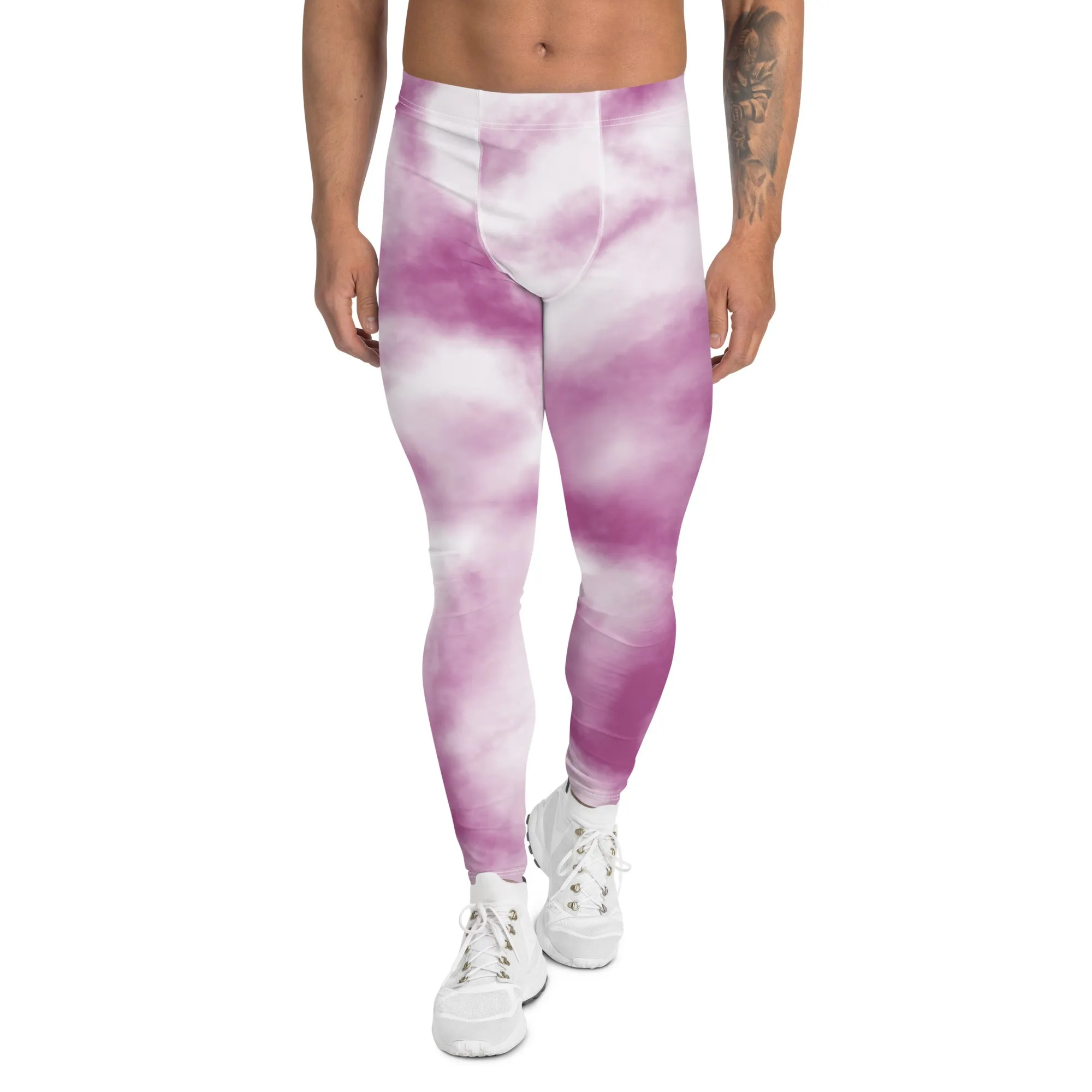 Purple White Tie Dye Meggings, Best Men's Leggings Designer Running Tights- Made in USA/EU/MX