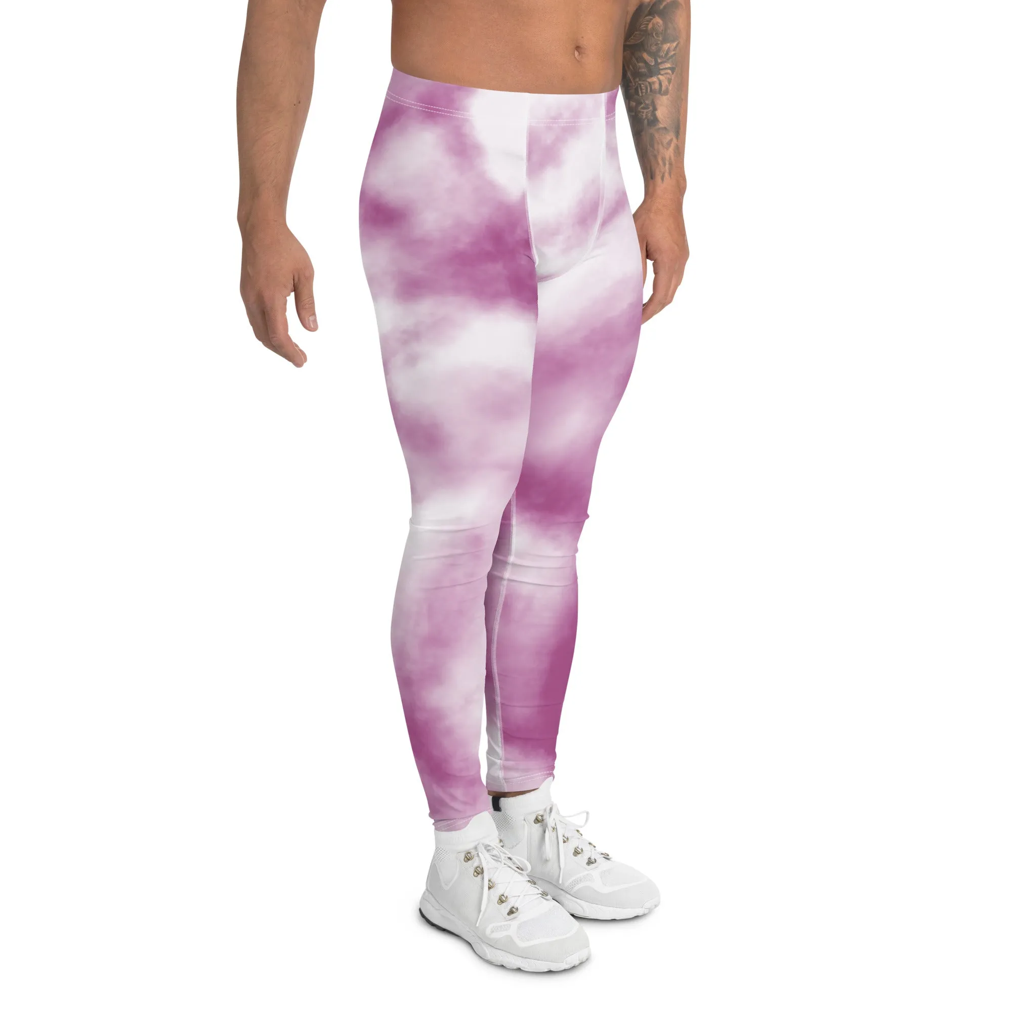 Purple White Tie Dye Meggings, Best Men's Leggings Designer Running Tights- Made in USA/EU/MX