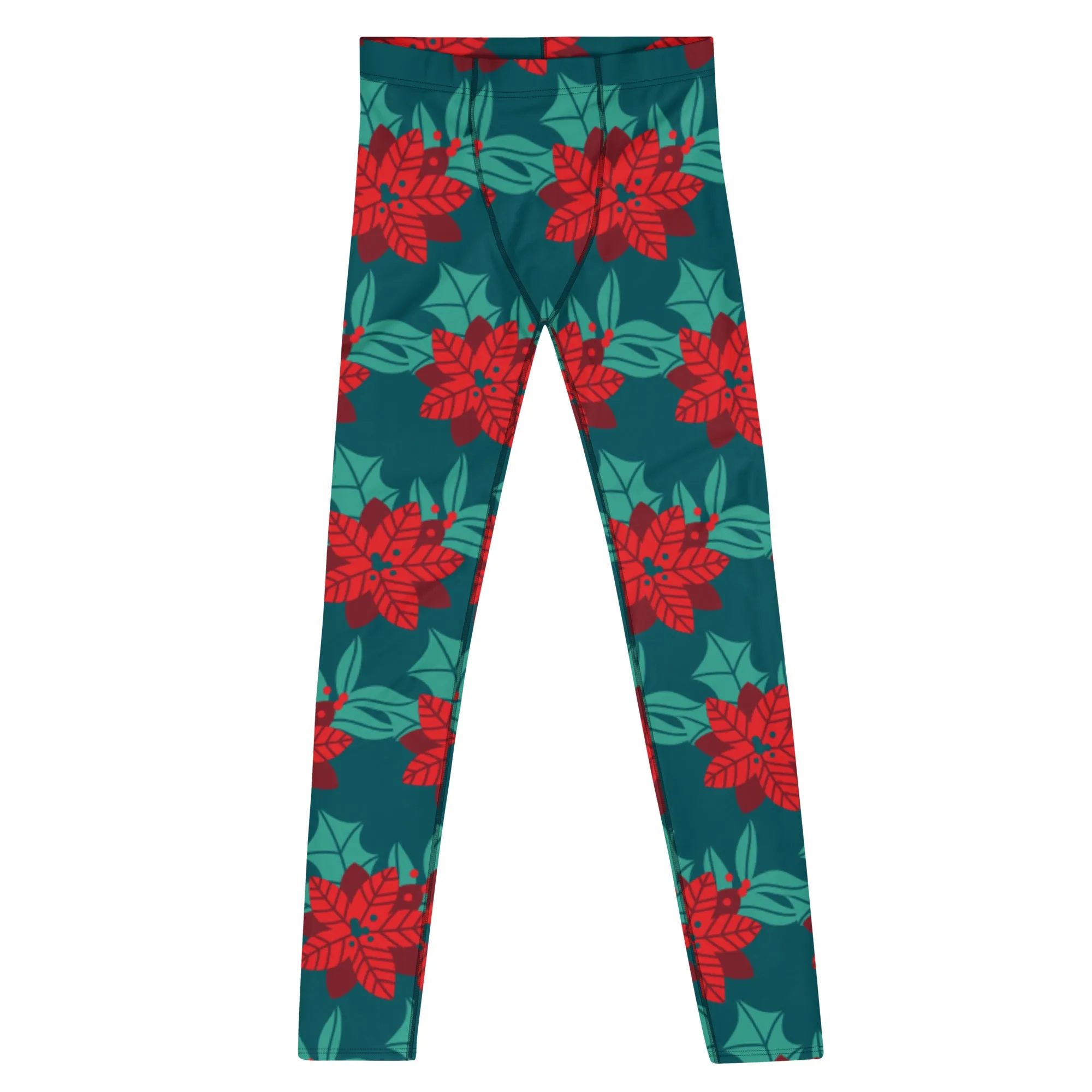 Red Christmas Flower Men's Leggings, Green & Red Xmas Flower Designer Men's Leggings-Made in USA/MX/EU