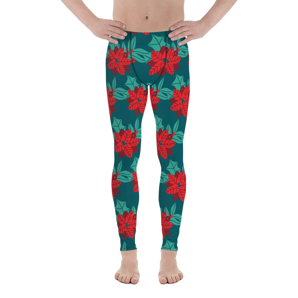 Red Christmas Flower Men's Leggings, Green & Red Xmas Flower Designer Men's Leggings-Made in USA/MX/EU